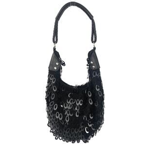 Women's Black Crochet Droplet Sequin Zipper Evening Party Hobo Shoulder Bag